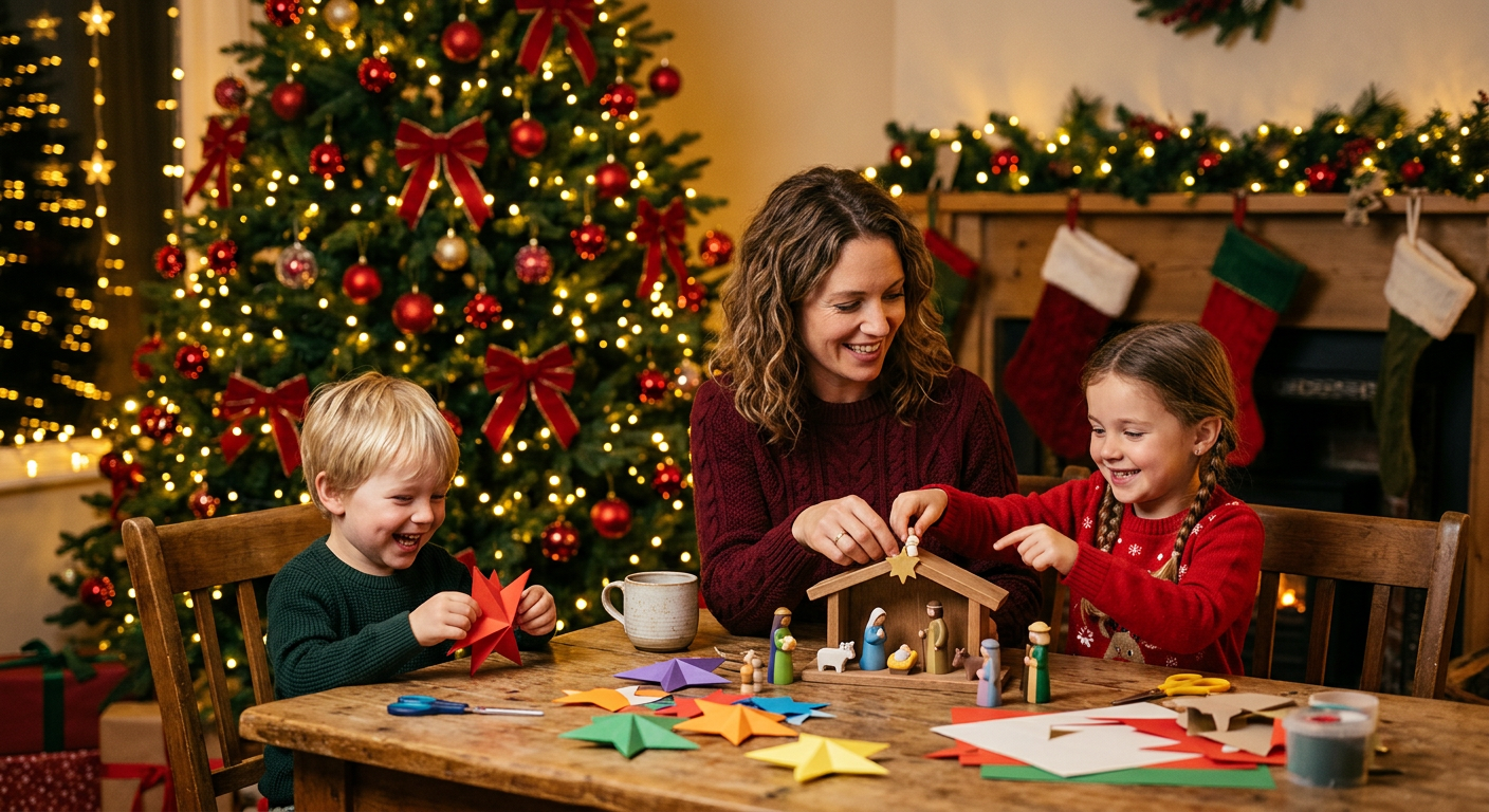 Mãe e duas crianças sorrindo à mesa, fazendo estrelas de papel e montando um presépio diante de uma árvore de Natal iluminada